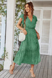 Floral V Neck Ruffle Short Sleeve High Waist Dress