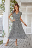 Floral V Neck Ruffle Short Sleeve High Waist Dress
