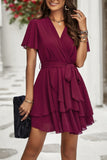 Chiffon Layer Hem Waist Tie Layer Hem Ruffle Dress