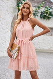Solid Halter Neck Sleeveless Waist Tie Ruffle Dress