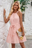 Solid Halter Neck Sleeveless Waist Tie Ruffle Dress