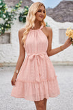 Solid Halter Neck Sleeveless Waist Tie Ruffle Dress