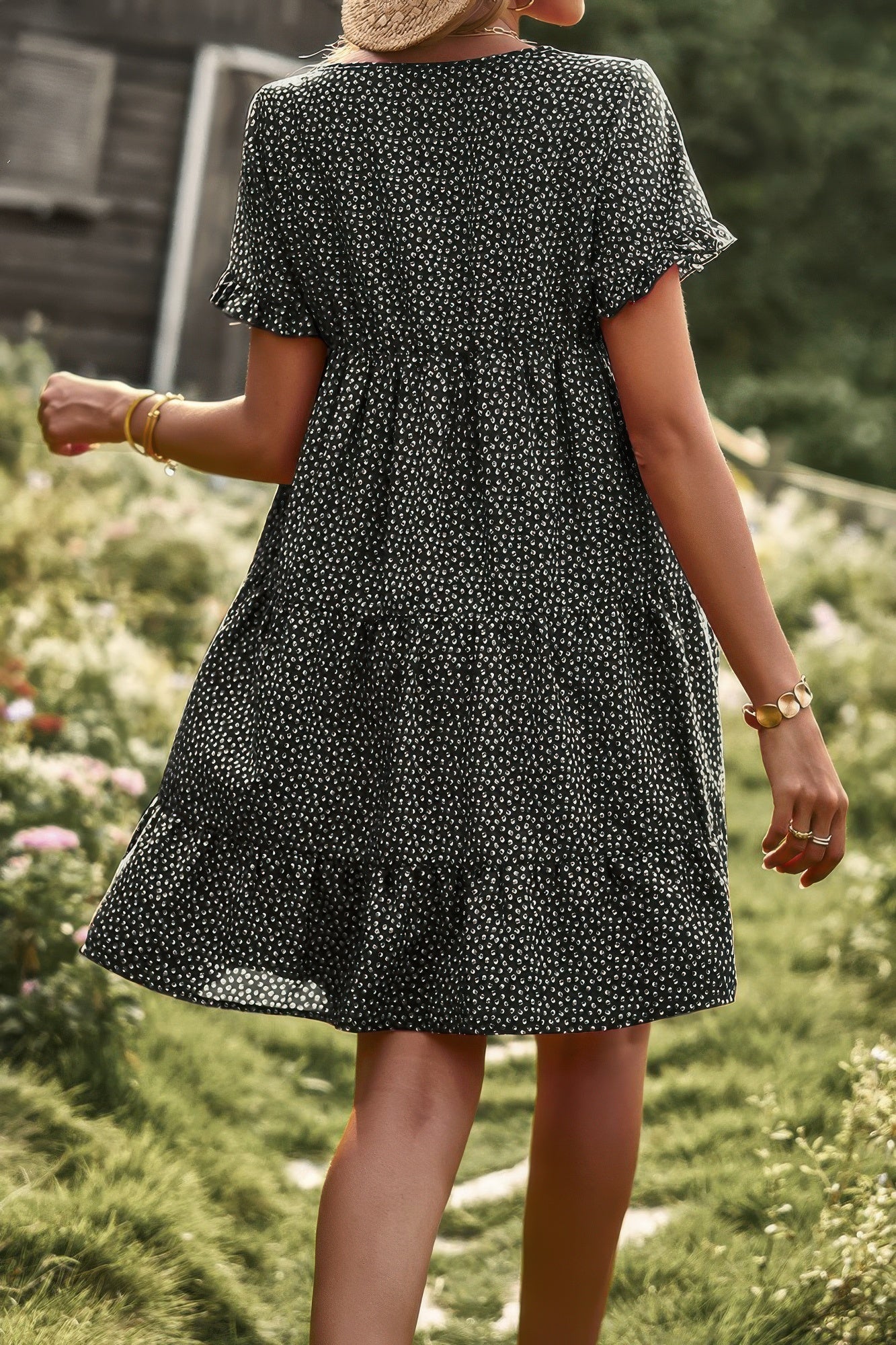Floral Polka Dots Boat Neck Loose A Line Midi Dress