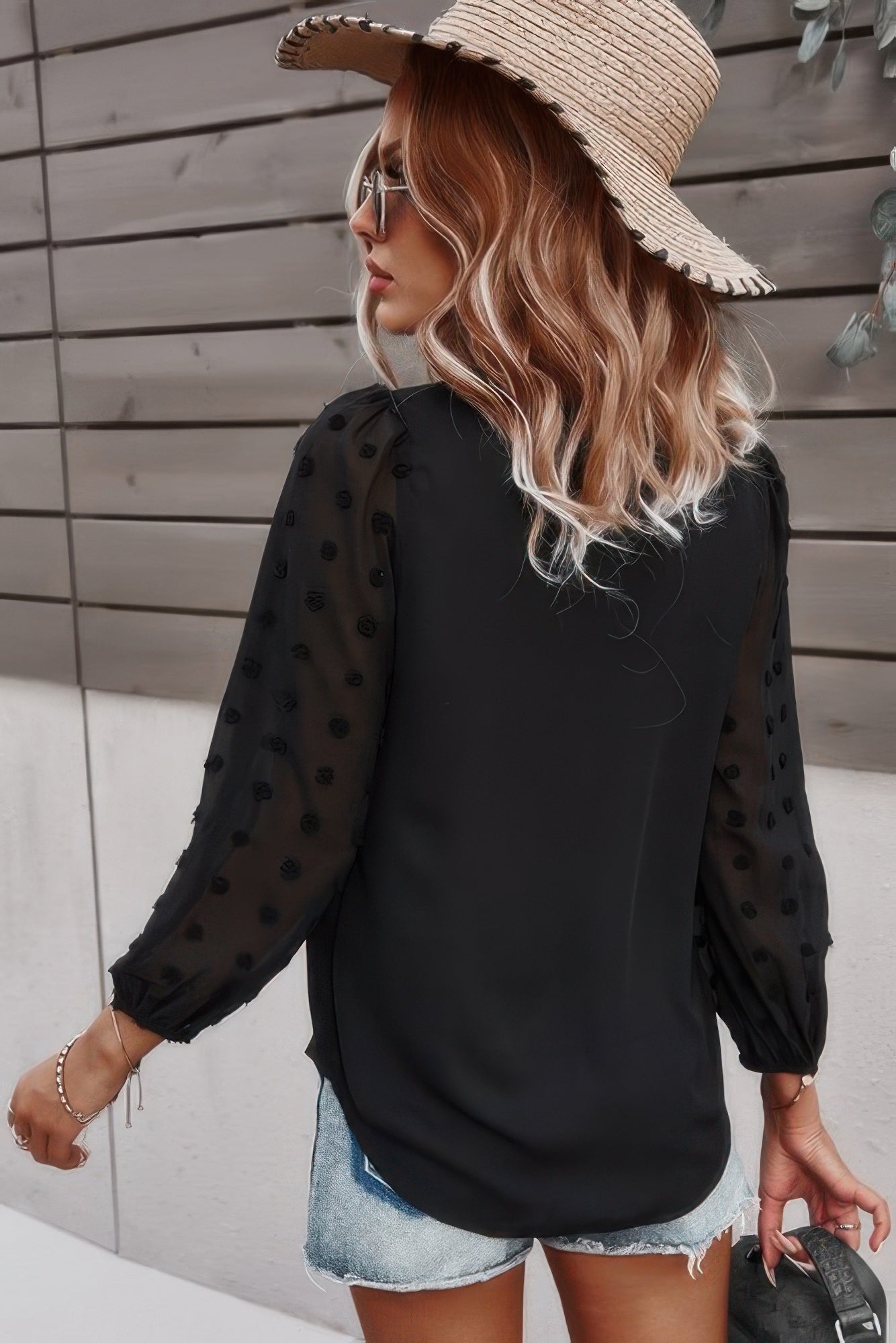 Solid V Neck Lantern Sleeve Swiss Dot Shirt