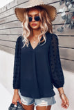 Solid V Neck Lantern Sleeve Swiss Dot Shirt