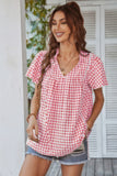 Gingham V Neck Plaid Loose Drawstring Blouse