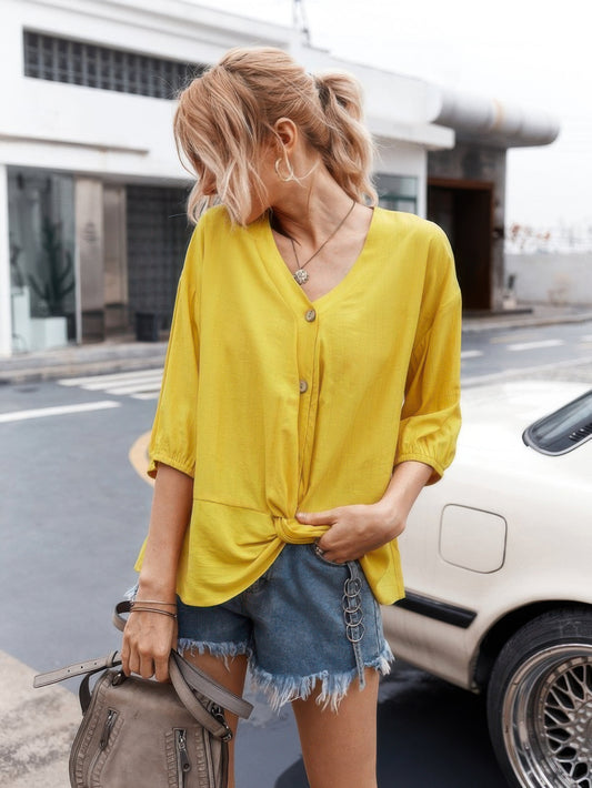V Neck Drawstring Solid Button Down Blouse