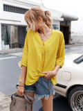 V Neck Drawstring Solid Button Down Blouse