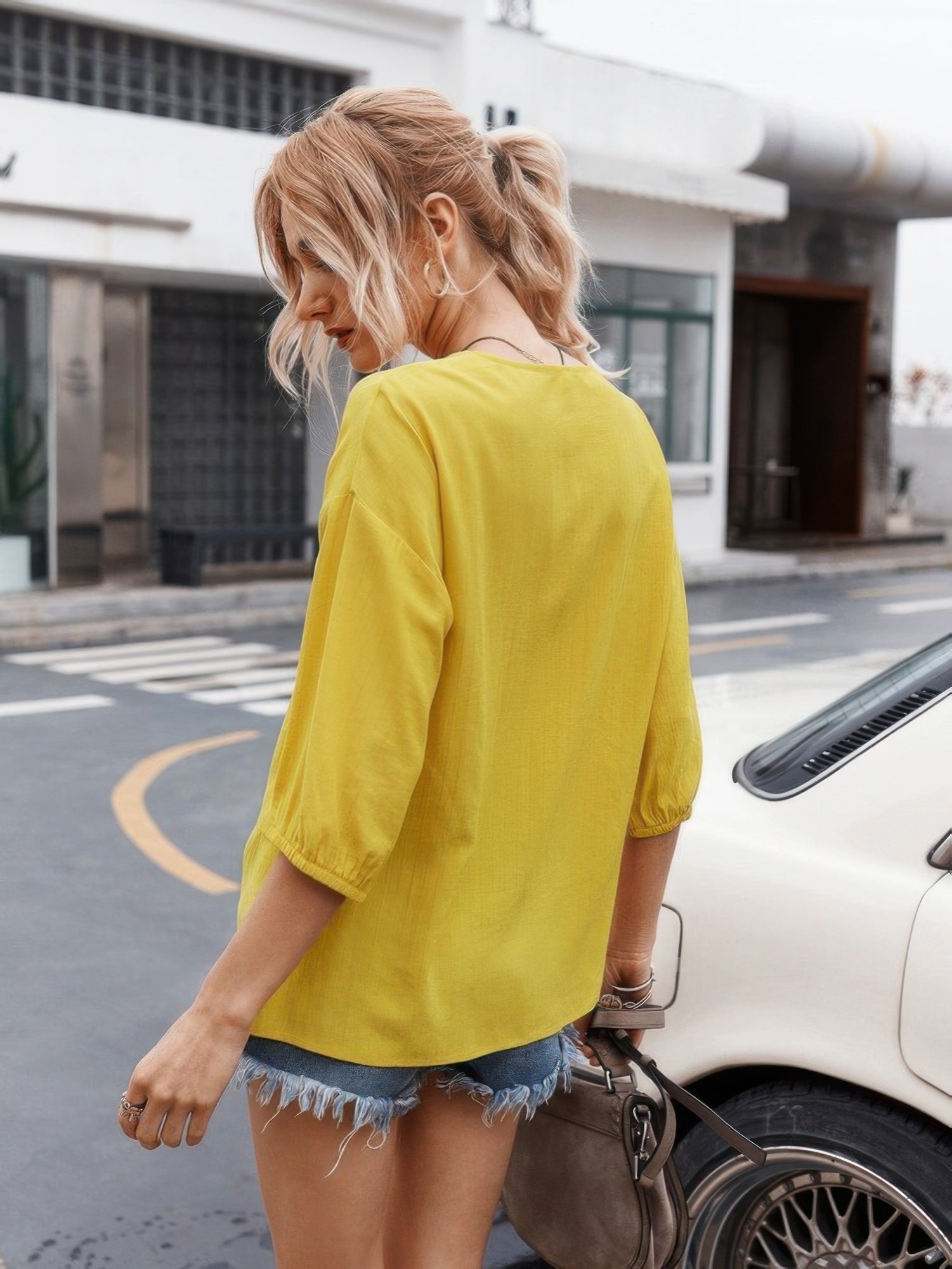 V Neck Drawstring Solid Button Down Blouse