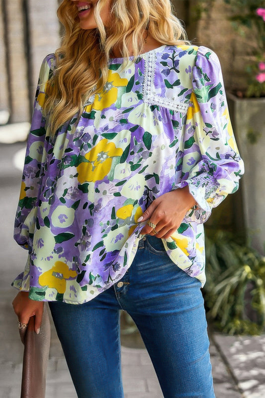 Floral Contrast Lace Trim Split Top