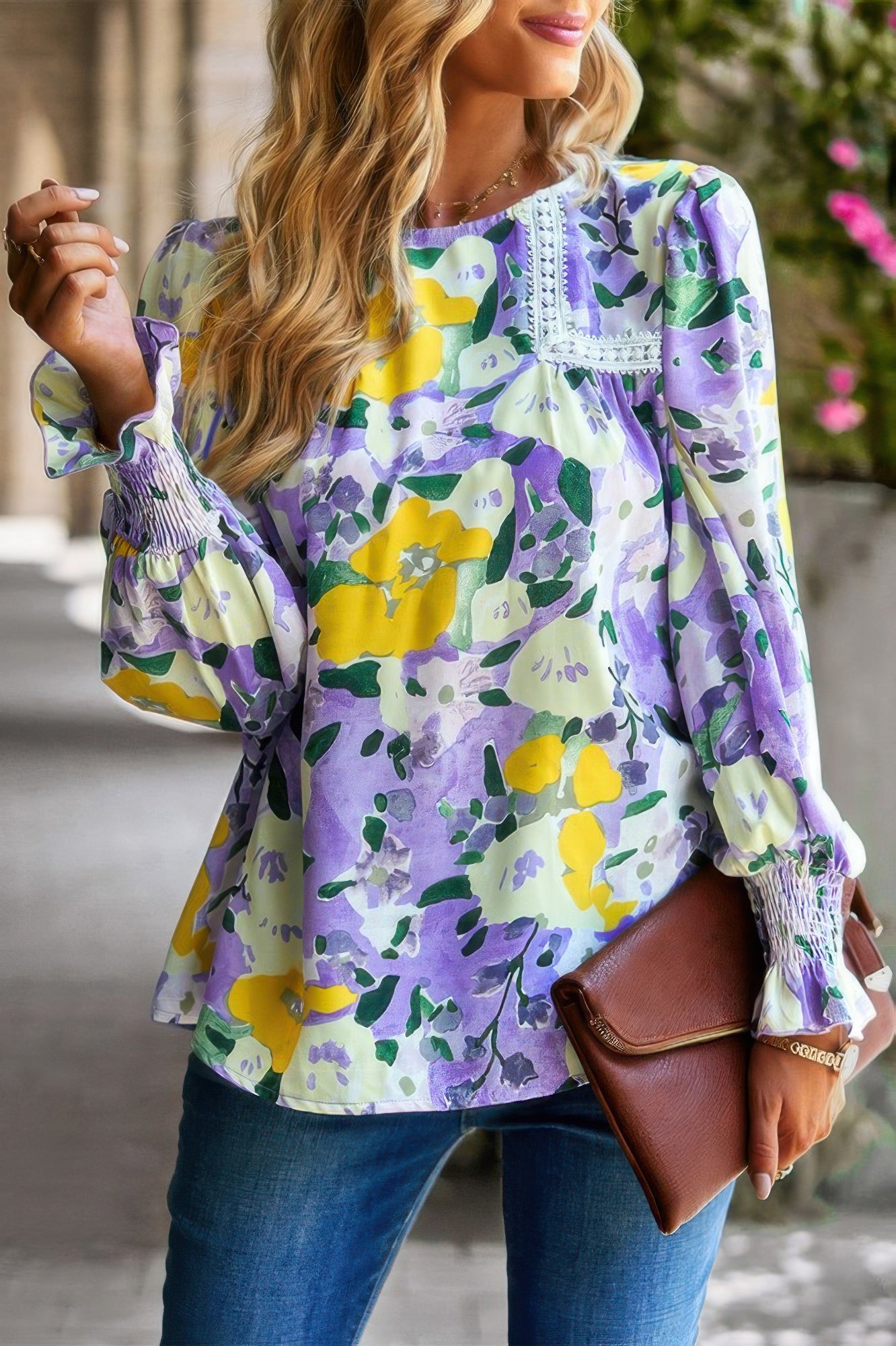 Floral Contrast Lace Trim Split Top
