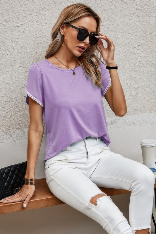 Crewneck Short Sleeve Lace Trim Loose T Shirts