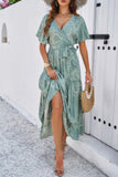 Allover Print V Neck Fit Belt A Line Long Dress