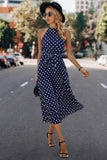 Dot Print Open Shoulder Fit Knot Belt Dress