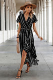 Strip Knot Belt Split V Neck Hem Ruffle Fit Dress