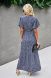 V Neck Blue Floral Short Sleeve Wrap Dress