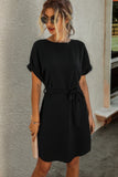 Solid Round Neck Tie Waist Belt Fit Dress