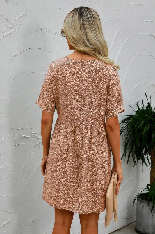 Button V Neck Short Sleeve Tunic Short Dress