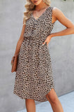 Leopard V Neck Sleeveless Button Fit Midi Dress