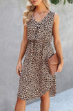 Leopard V Neck Sleeveless Button Fit Midi Dress