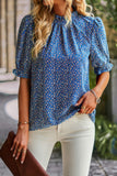 Floral Ruffle Mock Neck Puff Short Sleeve Shirt