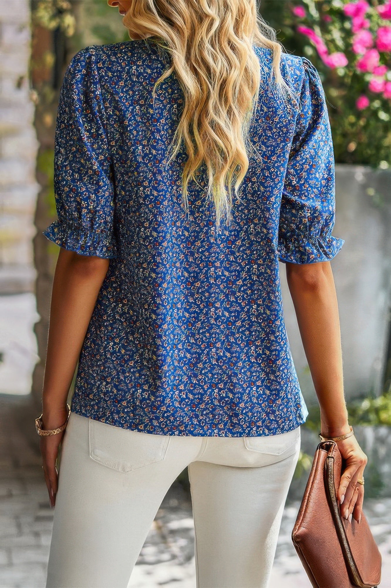 Floral Ruffle Mock Neck Puff Short Sleeve Shirt