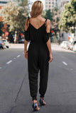 Solid Wrap V Neck Cold Shoulder Outfits Jumpsuit
