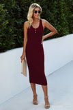 Button Scoop Neck Solid Slim Midi Bodycon Dress