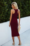 Button Scoop Neck Solid Slim Midi Bodycon Dress