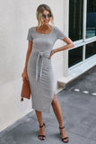 Tied Short Sleeve Scoop Neck Fit Shirt Dress