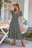 Floral Ruffle Hem Slit Short Sleeve Full Dress