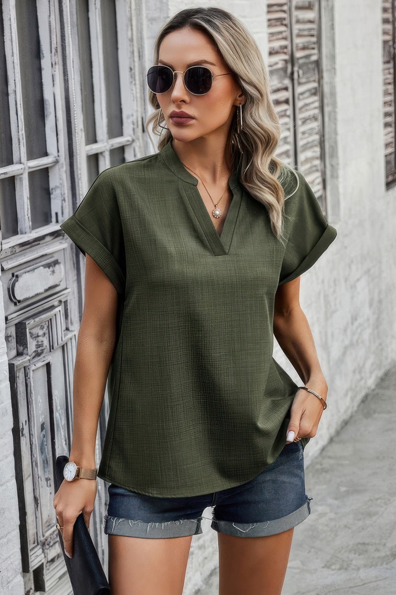 V Neck Solid Short Bat Sleeve Loose Fit Blouse