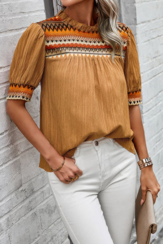 Geometric Print Elegant Textured Puff Sleeve Shirt