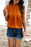 Solid Frill Trim Mock Neck Sleeveless Tunic Blouse