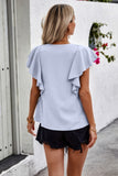 Solid Button Ruffle V Neck Fit Blouse