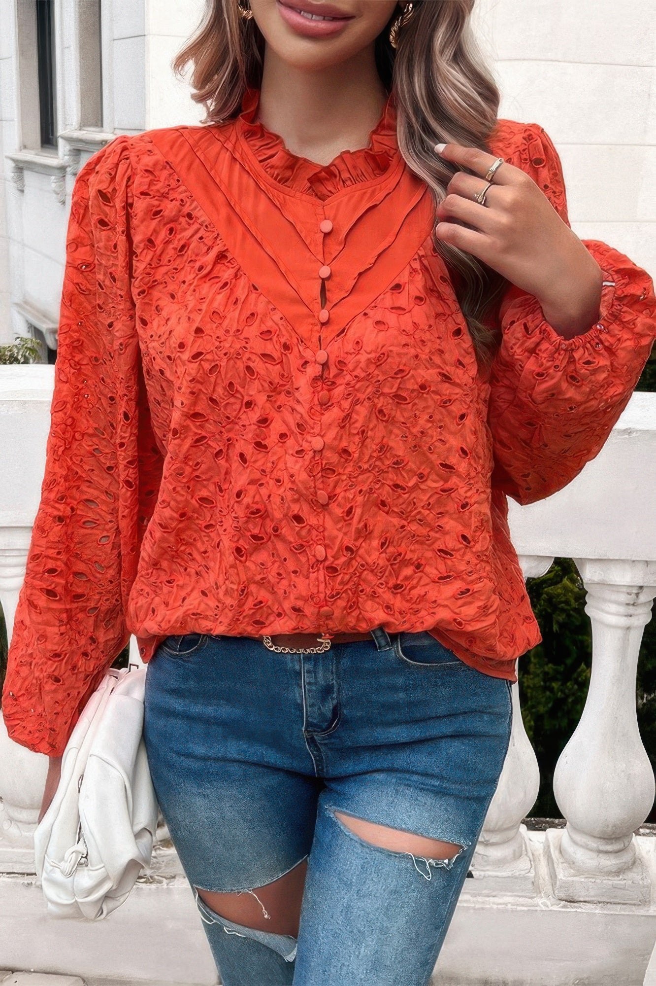 Embroidered Lace Button Down Hollow Out Shirt