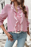 Striped Lace Mock Neck Ruffle Trim Blouse