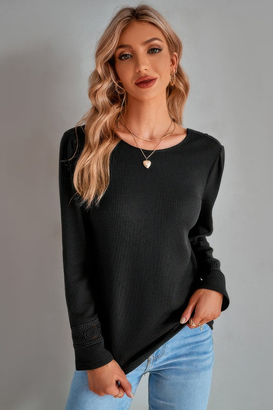 Knit Solid Double Wearing Lace V Neck Loose Top