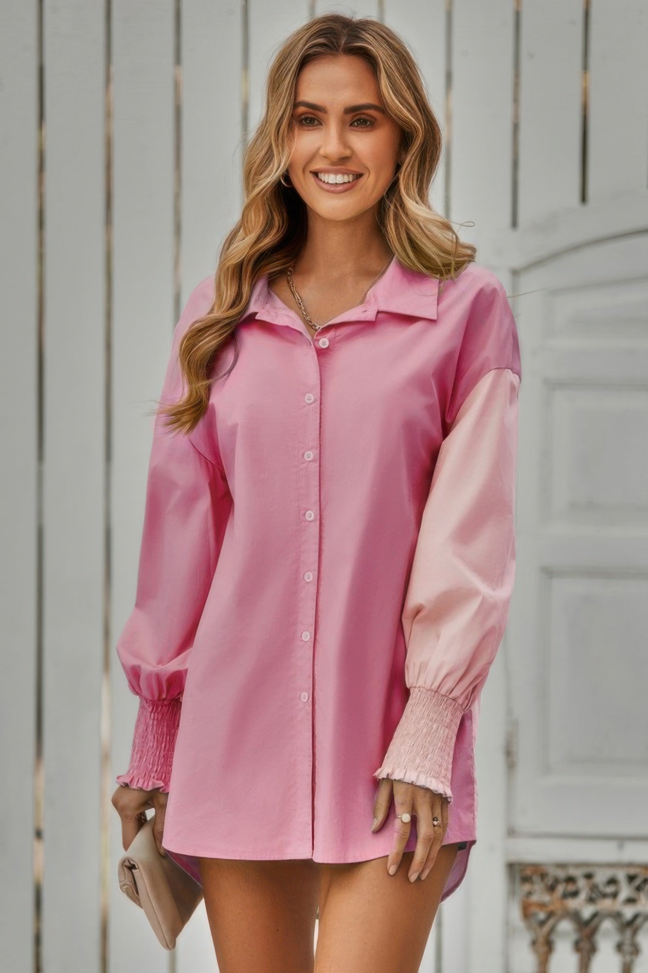 Color Block Button Down Cuffed Sleeves Blouse