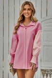 Color Block Button Down Cuffed Sleeves Blouse