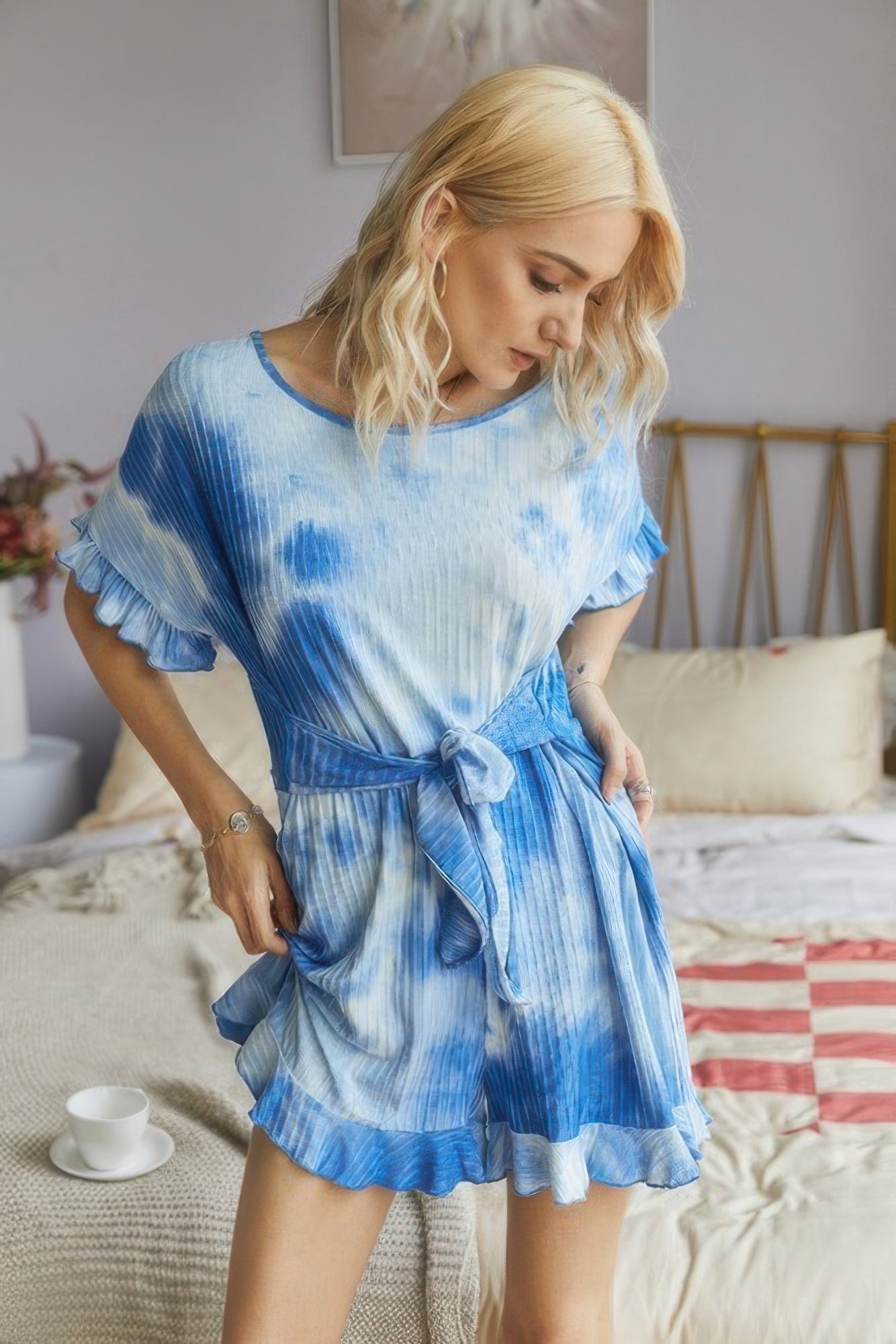 Tie Dye Ruffle Ribbed Waist-Tie Pleated Romper