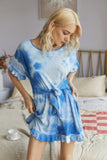 Tie Dye Ruffle Ribbed Waist-Tie Pleated Romper