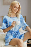 Tie Dye Ruffle Ribbed Waist-Tie Pleated Romper