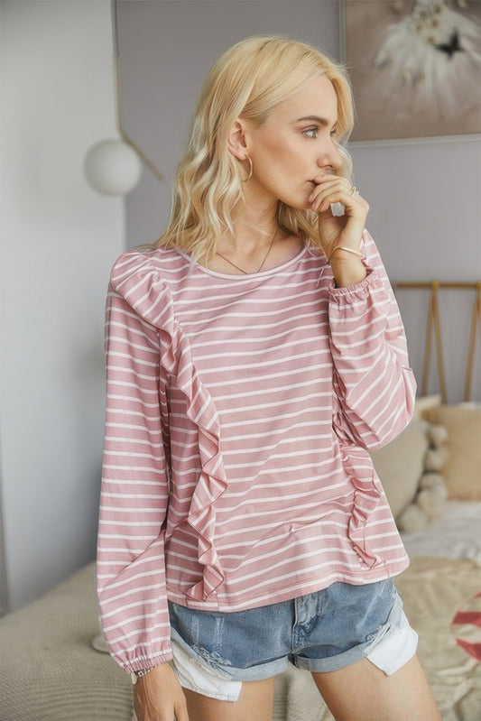 Crew Neck Ruffles Long Sleeves Knitted Striped Shirt