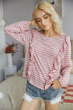 Crew Neck Ruffles Long Sleeves Knitted Striped Shirt