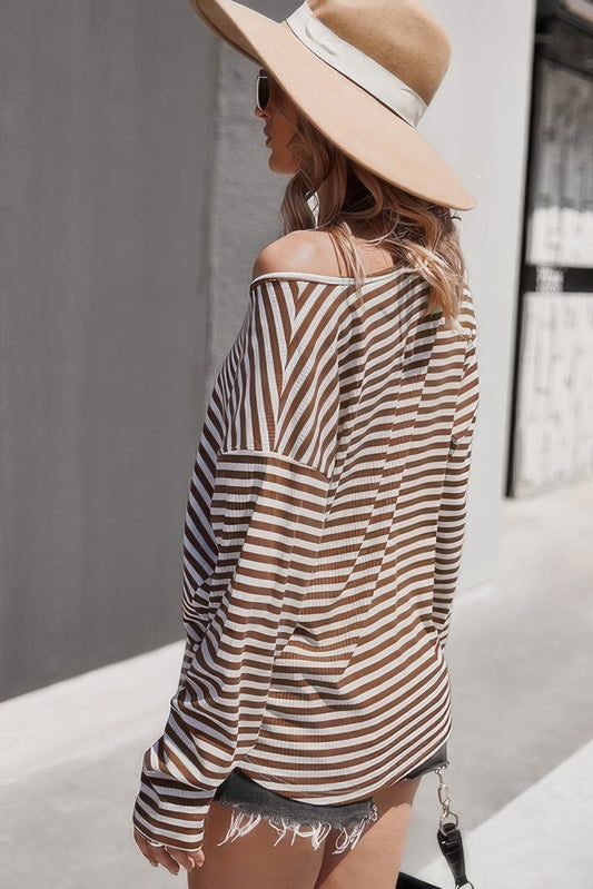 V Neck Short Sleeve Striped Tunic Shirt