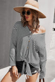 V Neck Short Sleeve Striped Tunic Shirt