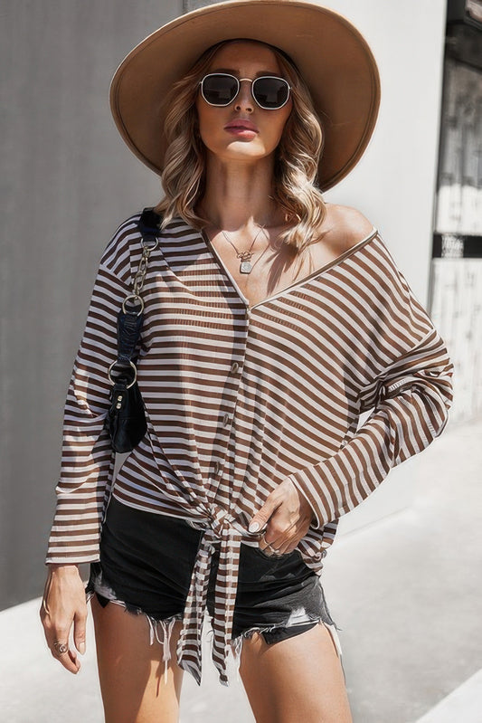 V Neck Short Sleeve Striped Tunic Shirt