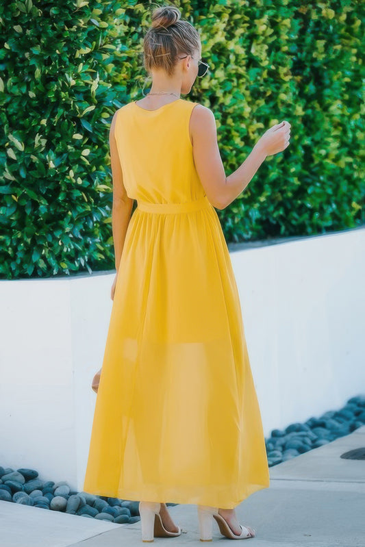 Elegant Cross V-Neck Sleeveless Waist Tie Split Gown