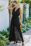 Elegant Cross V-Neck Sleeveless Waist Tie Split Gown